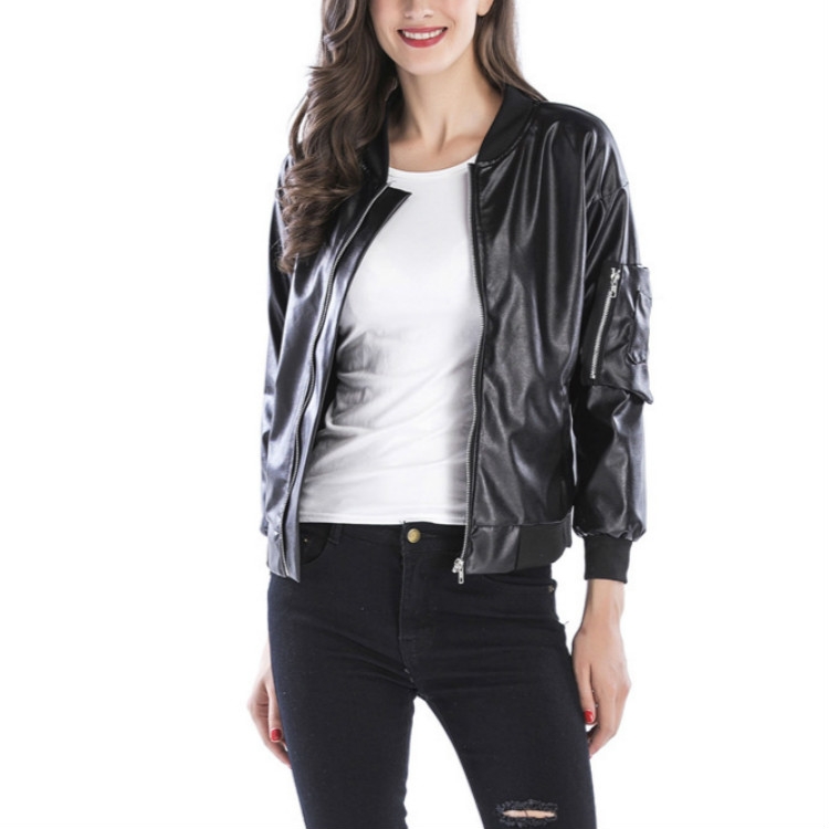 

Trend Standing Collar Zipper Leather Jacket Coat Leather, Size: S(Black )