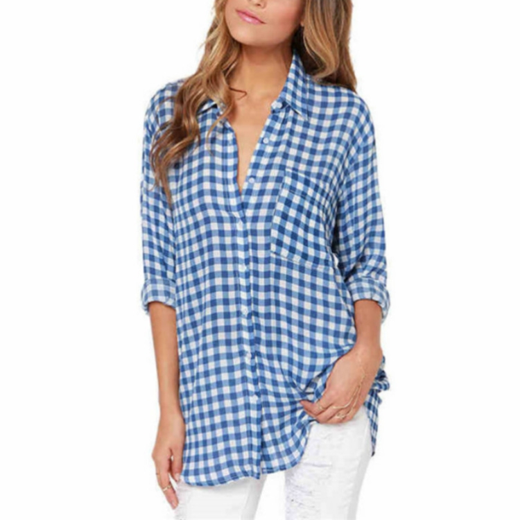 

Simple Sexy Lapel Checkered Shirt, Size: XL(Blue )