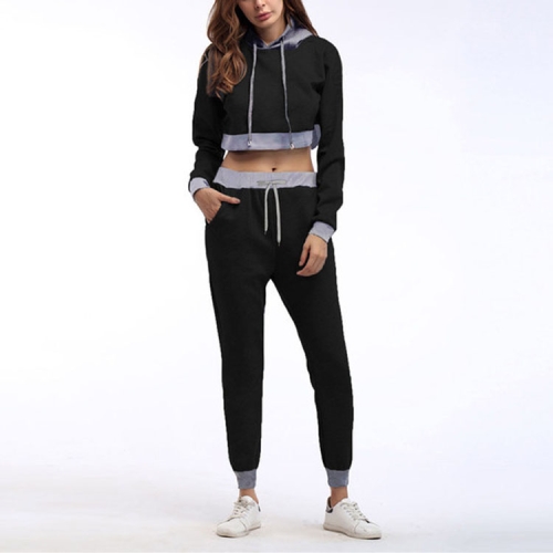 

Hooded Short Sweater + Color Matching Trousers Casual Two-piece Suit, Size:L(Black)
