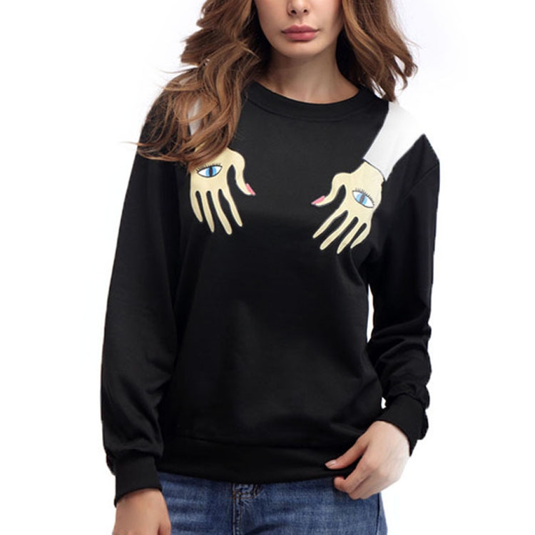 

Arm Printed Round Neck Long Sleeve Loose Sweatshirt, Size:S(Black)