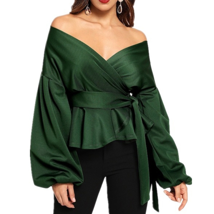 

Women Off-the-shoulder Lanterns Sleeves Bows Waist Shirt, Size: M(Green)