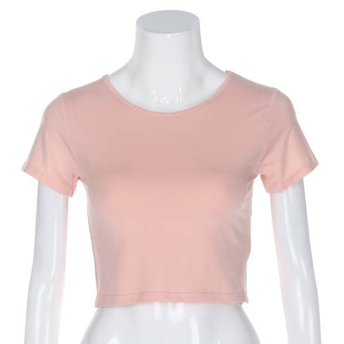 

Round Neck Exposed Navel Shirt Body Short Sleeve T-shirt, Size: L(Pink )