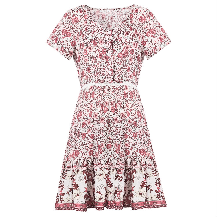 

Floral Large Swing Skirt V-neck Short-sleeved Dress, Size:M(Coffee)