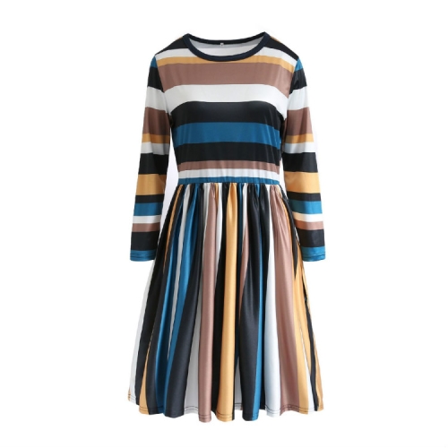 

Round Neck Striped Stitching Color Long-sleeved Casual Head A Style Dress, Size: S(Yellow Stripe)