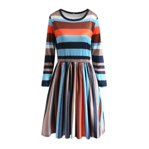 

Round Neck Striped Stitching Color Long-sleeved Casual Head A Style Dress, Size: M(Blue Stripe)