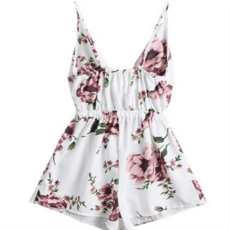 

Summer Sling V-neck Printed Straps Jumpsuit, Size: XXL(As Show)