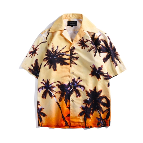 

Summer Vacation Leisure Beach Sunset Glow Coconut Grove Printing Short Sleeve Couple Shirt, Size: L(As Show)