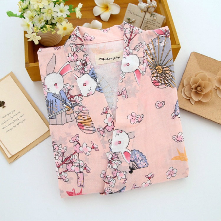 

Women Cotton Kimono Bathrobe Pajamas, Size: L(Pink)