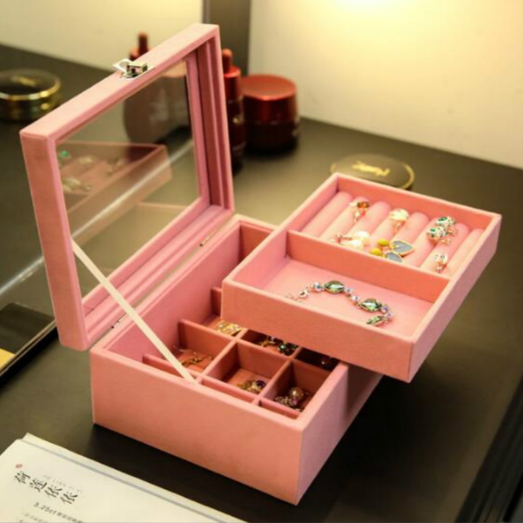 

Flannel Jewelry Transparent Double Storage Box Earrings Finishing Bedroom Jewelry Box(Pink-S)