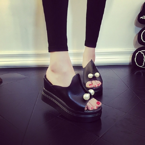 

Ladies Summer Sandals Slippers Beach Beaded Flat Wedge Shoes, Size:37(Black)