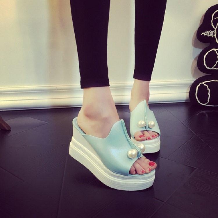 

Ladies Summer Sandals Slippers Beach Beaded Flat Wedge Shoes, Size:39(Light Blue)