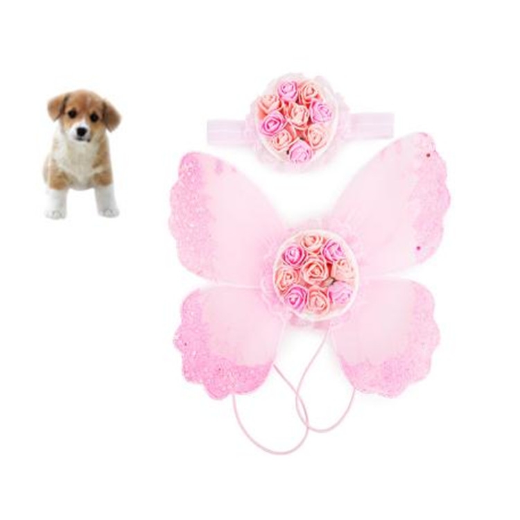 

Pet Dog Chest Back Butterfly Wings + Flower Headdress(Pink)