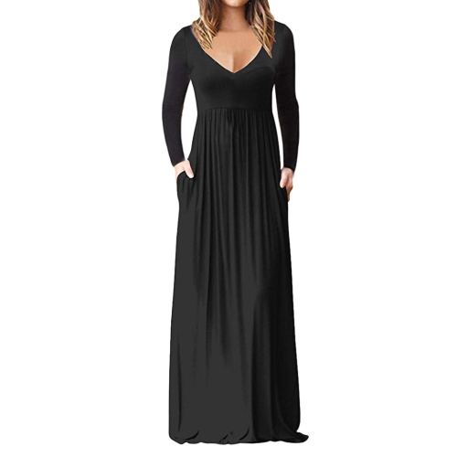 

V-Neck Pocket Long-Sleeved Dress Mopping Skirts, Size: S(Black)