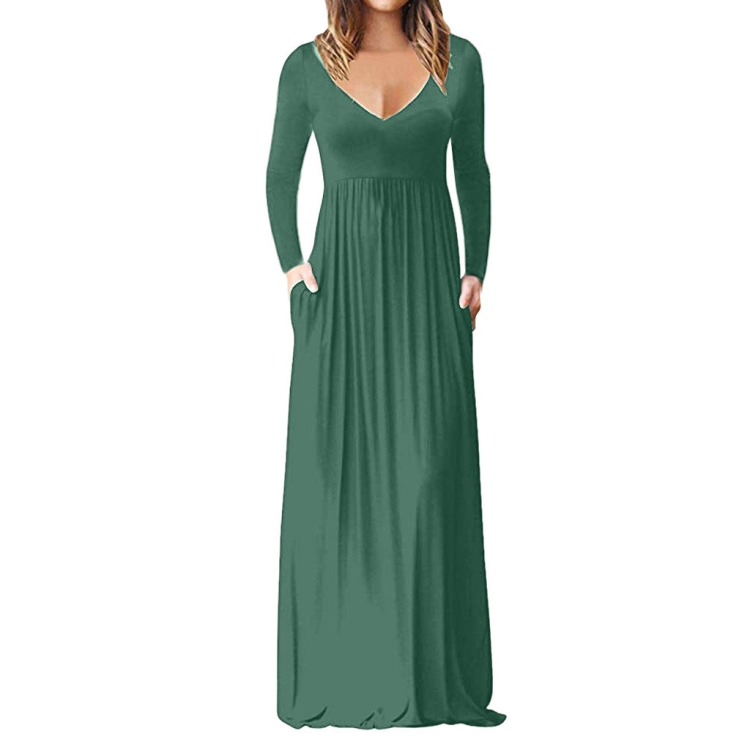 

V-Neck Pocket Long-Sleeved Dress Mopping Skirts, Size: M(Green)