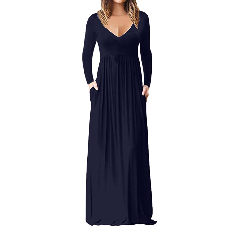 

V-Neck Pocket Long-Sleeved Dress Mopping Skirts, Size: L(Navy Blue)