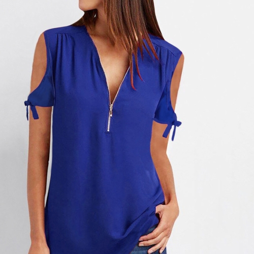 

Zipper Strapless V-neck Short-sleeved T-shirt, Size: M(Blue)