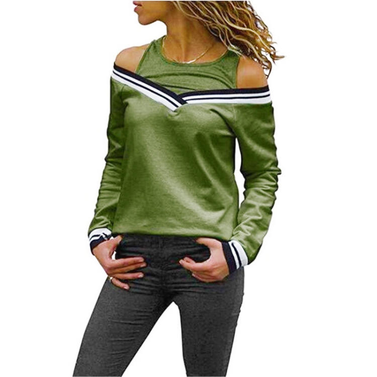 

Ladies Fake Two-Piece Small Sweater Long-Sleeved Striped Loose T-Shirt, Size: M(Green)