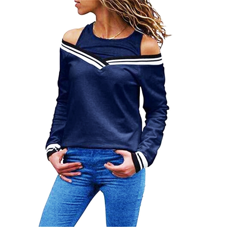 

Ladies Fake Two-Piece Small Sweater Long-Sleeved Striped Loose T-Shirt, Size: XXL(Navy Blue)