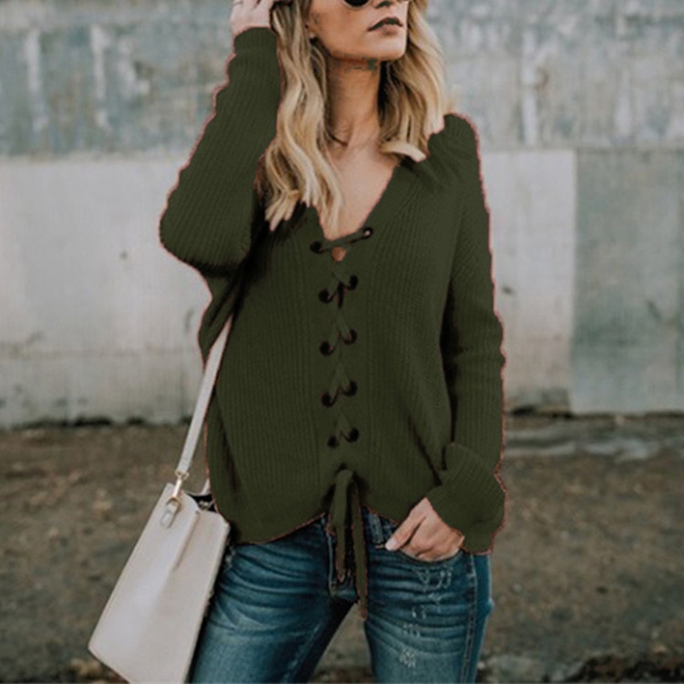 

Sexy V-Neck Buckle Rope Long-Sleeved Knit Sweater, Size: S(Army green)