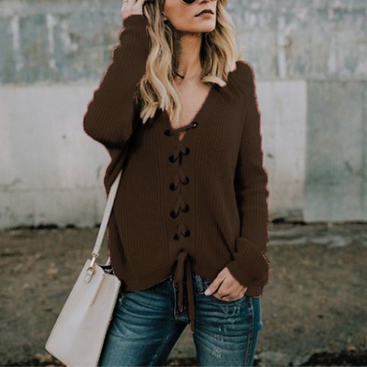 

Sexy V-Neck Buckle Rope Long-Sleeved Knit Sweater, Size: XXL(Brown)