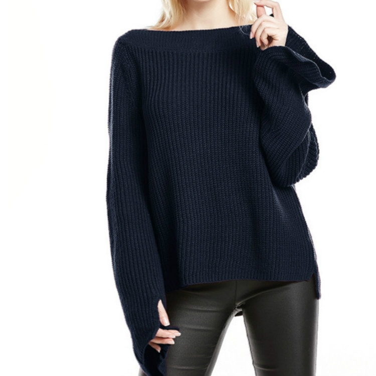 

Women One-neck Solid Color Trumpet Sleeve Sweater, Size: L(Navy Blue)