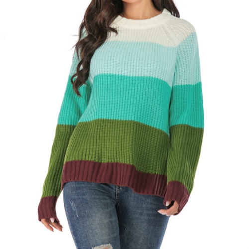 

Round Neck Pullover Striped Color Sweater, Size: M(Green Stripe)