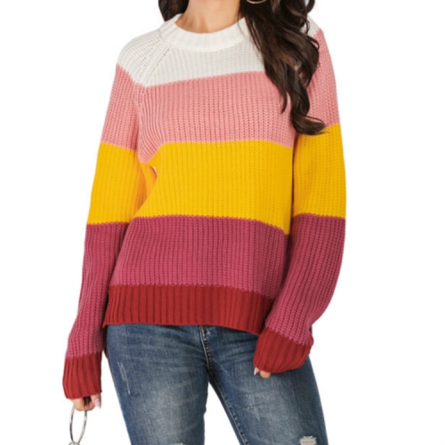 

Round Neck Pullover Striped Color Sweater, Size: L(Pink Stripe )