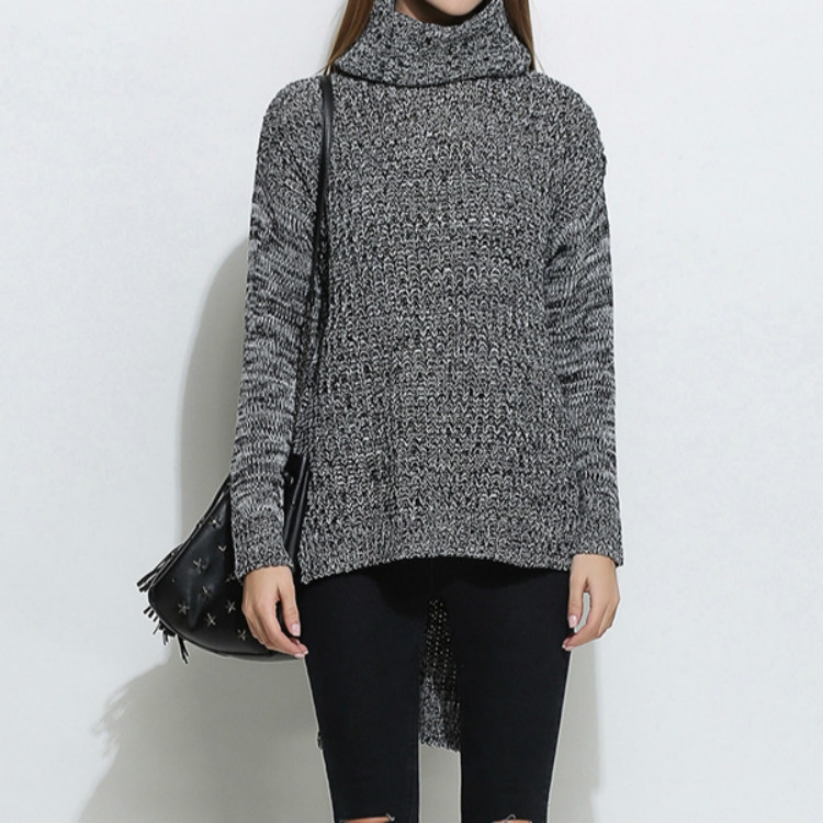 

High Collar Front Short Back Long Sweater, Size: S(Black and White)