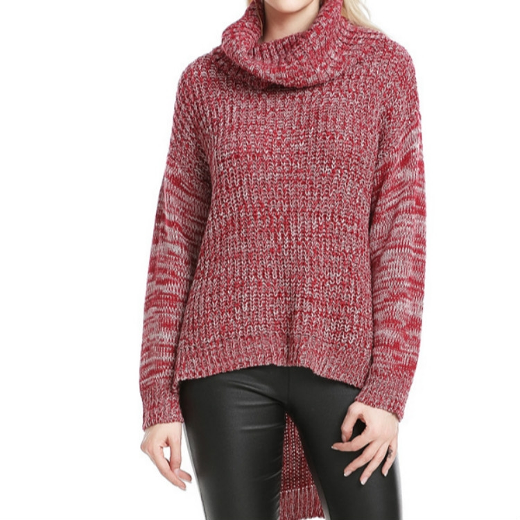 

High Collar Front Short Back Long Sweater, Size: L( Red and White)