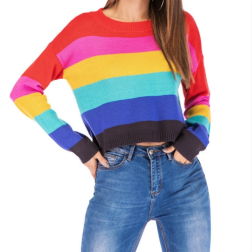 

Loose Rainbow Striped Long-sleeved Sweater, Size: S(As Show)