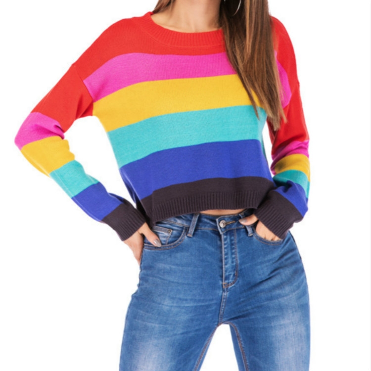 

Loose Rainbow Striped Long-sleeved Sweater, Size: L(As Show)