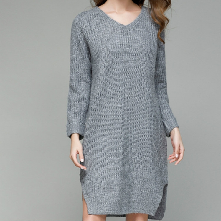 

Solid Color Loose Long V-neck Knit Dress, Size: One Size( Gray )