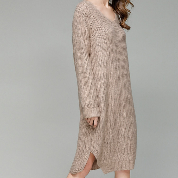

Solid Color Loose Long V-neck Knit Dress, Size: One Size( Brown )