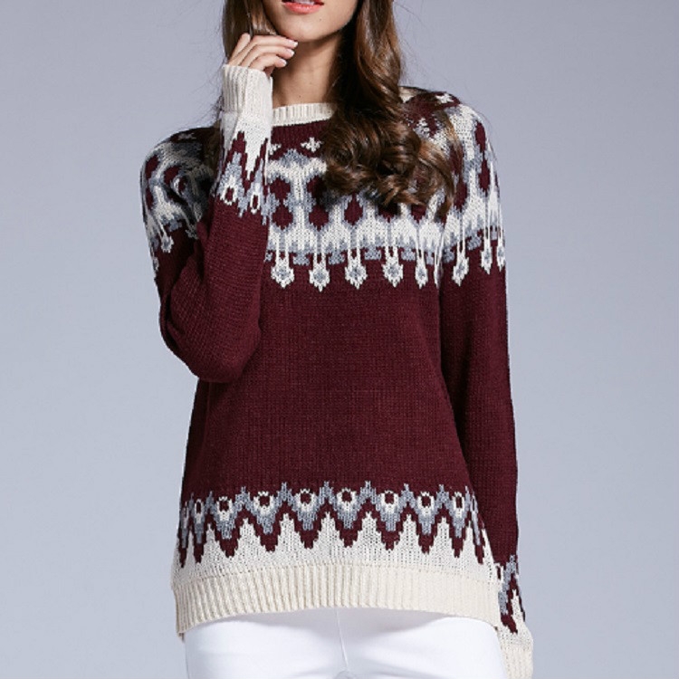 

Women Round Neck Sweater Jacquard Pullover Sweater, Size: M( Wine Red )