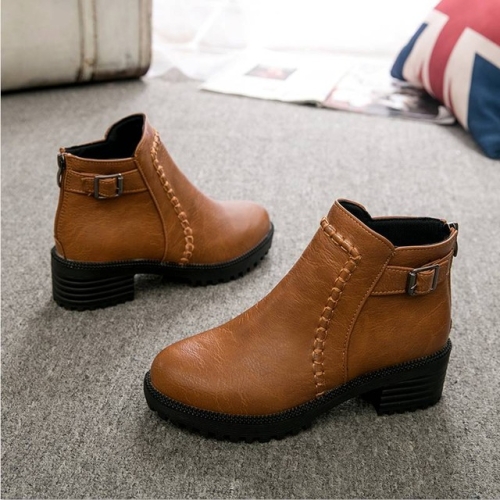 

Round Toe Zippers Chunky Boots Short Plush Square Heels Ankle Boots for Women, Size:43(Brown)