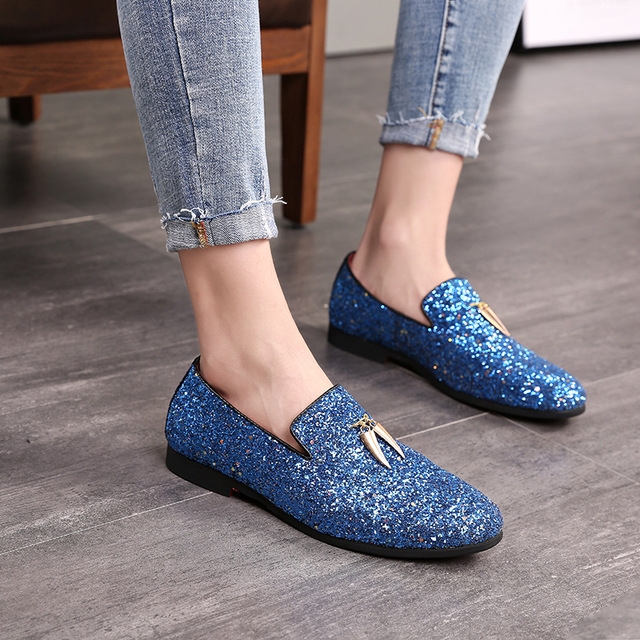 

Men Pointed Toe Solid Color Casual Shine Loafer, Size:42(Blue)