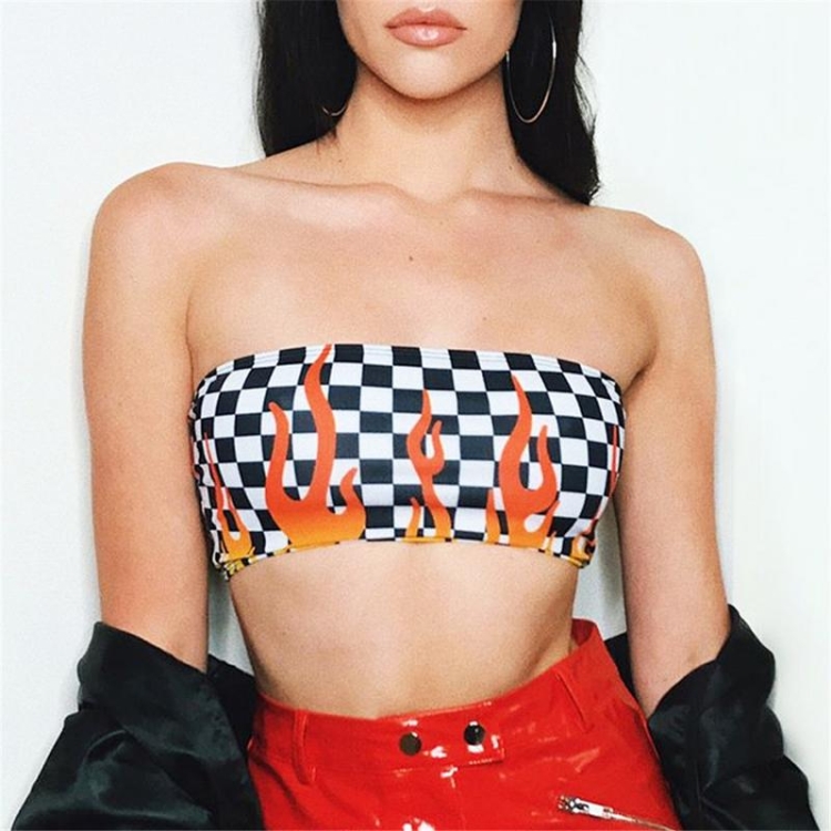 

Sexy Women Flame Plaid Print Tube Top, Size:S(Black and White)