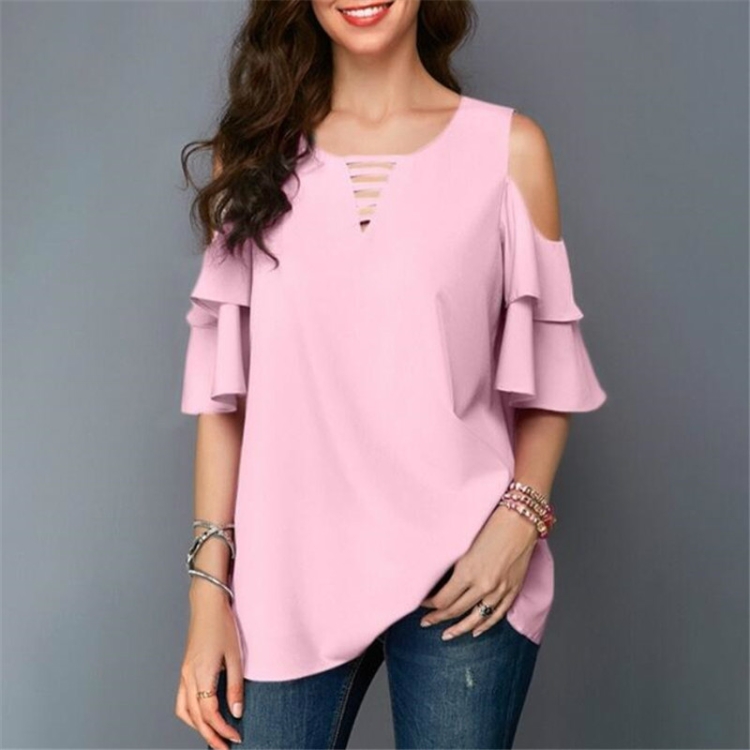 

Round Neck Strapless Trumpet Sleeves Loose Chiffon Shirt, Size:S(Pink)