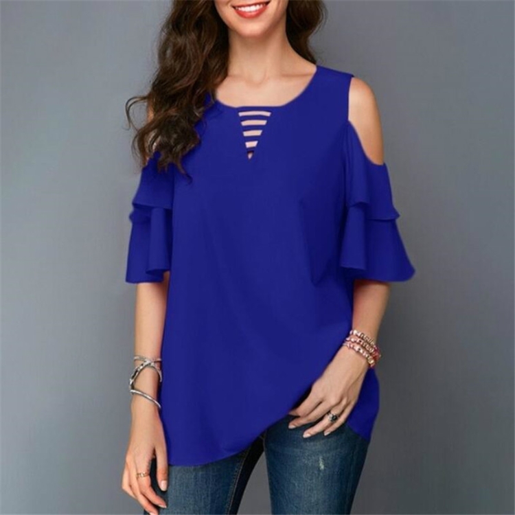 

Round Neck Strapless Trumpet Sleeves Loose Chiffon Shirt, Size:L(Dark Blue)