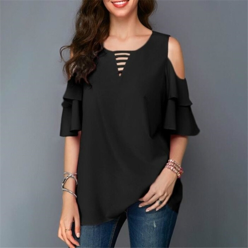 

Round Neck Strapless Trumpet Sleeves Loose Chiffon Shirt, Size:XXL(Black)