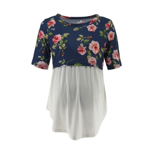 

Short Sleeve Splicing Floral Print T-shirt Pregnant Nursing Clothes, Size:L(Navy Blue)
