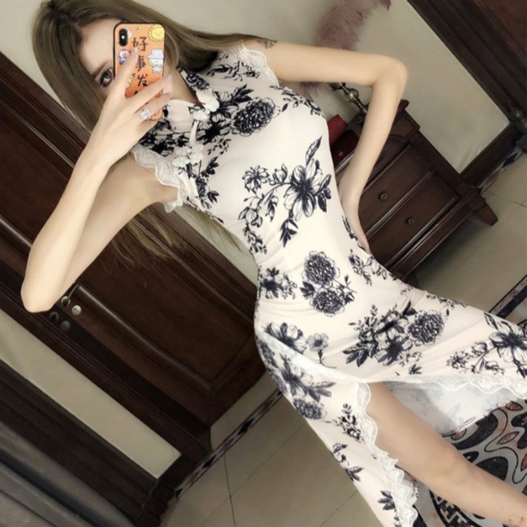 

Elegant Cheongsam Sleeveless Dress Floral Print Party Satin Dress, Size:L(As Show)