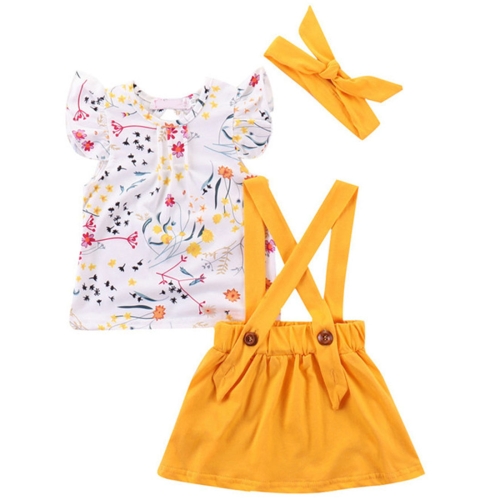 

Summer Girls Sleeveless Floral T-Shirt + Sling Dress Set, Kid Size:110cm(Yellow)