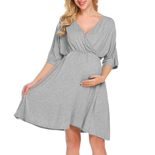 

Fashion V-neck Mid-sleeve Large Swing Skirt Maternity Dress, Size:S(Grey)