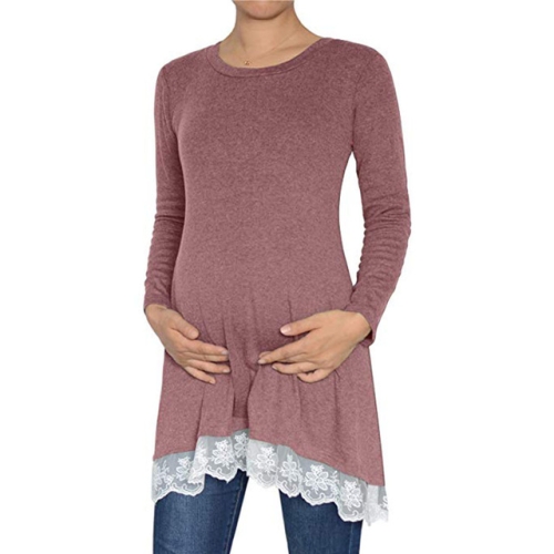 

Long Sleeve Lace Hem Maternity Tunic Top Blouse Pregnant Clothes, Size:L(Pink)