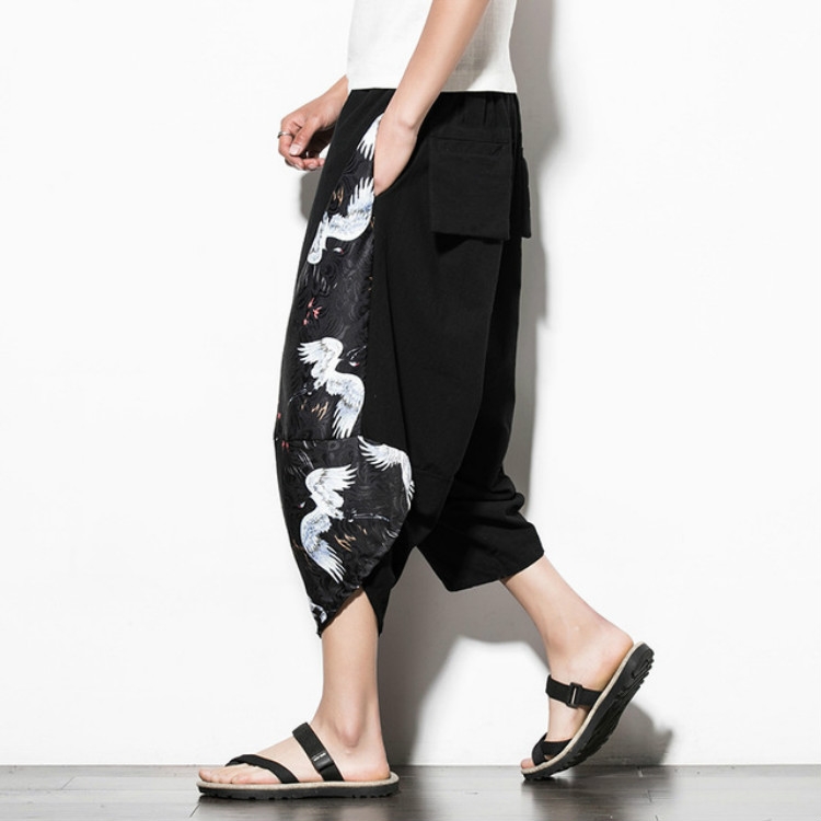 

Men Casual Loose Large Size Printed Cotton and Linen Cropped Trousers Wide Leg Pants, Size: XL(Black White)