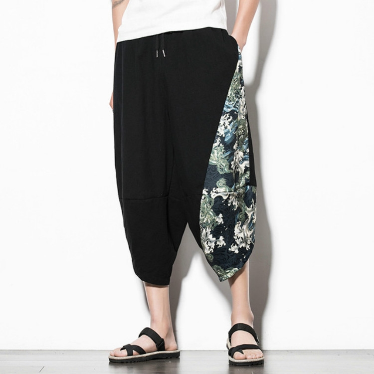 

Men Casual Loose Large Size Printed Cotton and Linen Cropped Trousers Wide Leg Pants, Size: XXL(Glack Green)