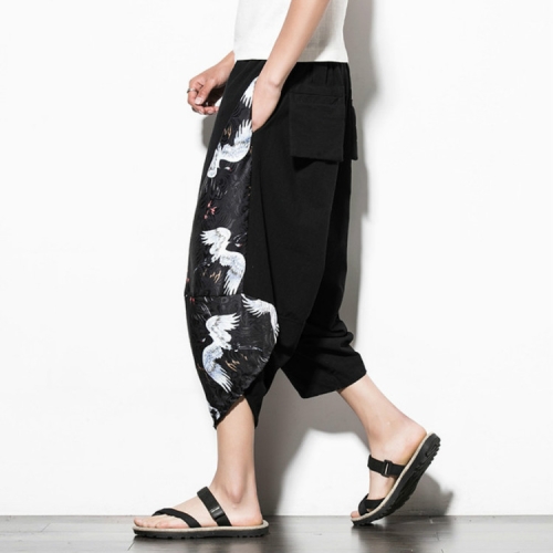 

Men Casual Loose Large Size Printed Cotton and Linen Cropped Trousers Wide Leg Pants, Size: 5XL(Black White)