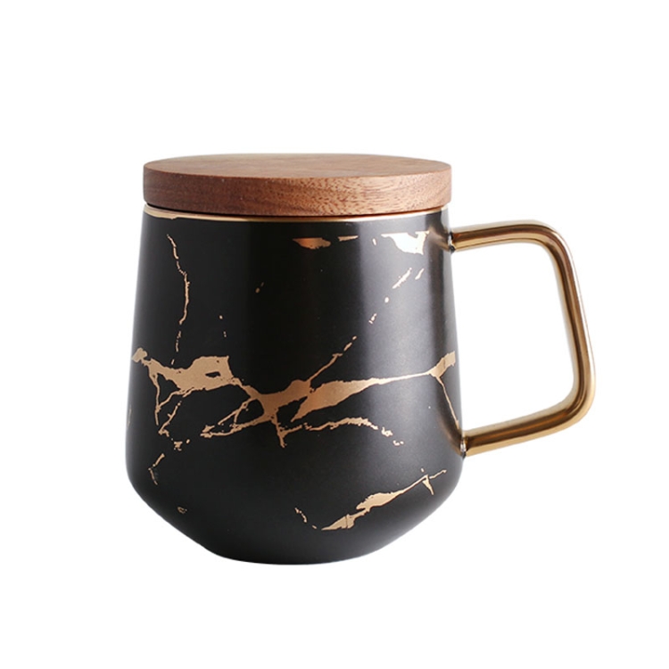 

Marble Matte Gold Series Ceramic Tea Cup Coffee Mug With Wooden Lid Or Tray(Black with Lid)