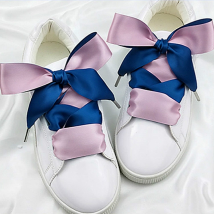 

Double Color Satin Shoelaces Metal Head Bowknot Sneaker Sport Shoes White Shoes Laces, Length:120cm(Blue+Pink)